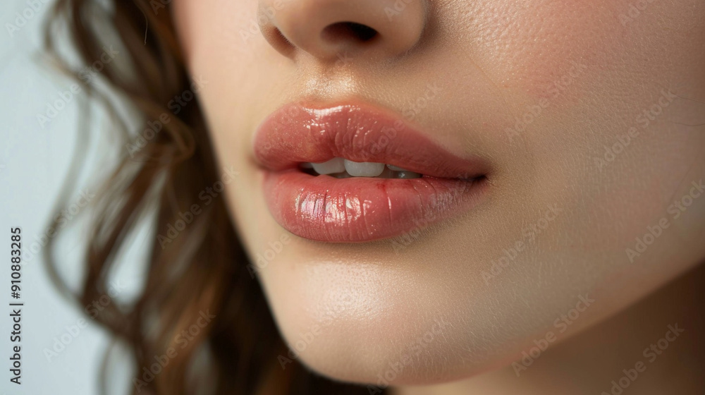 Naklejka premium Close-up of a girl's lips with half-applied lipstick, capturing the contrast between the natural lip color and the lipstick