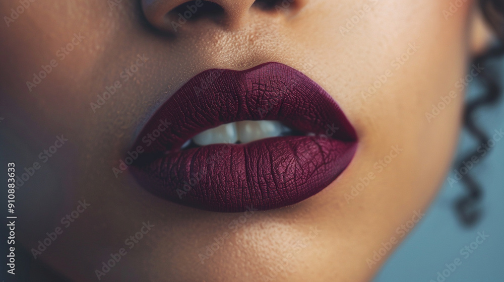 Naklejka premium Close-up of a girl's lips after applying matte lipstick, showing the detailed matte texture and smooth finish