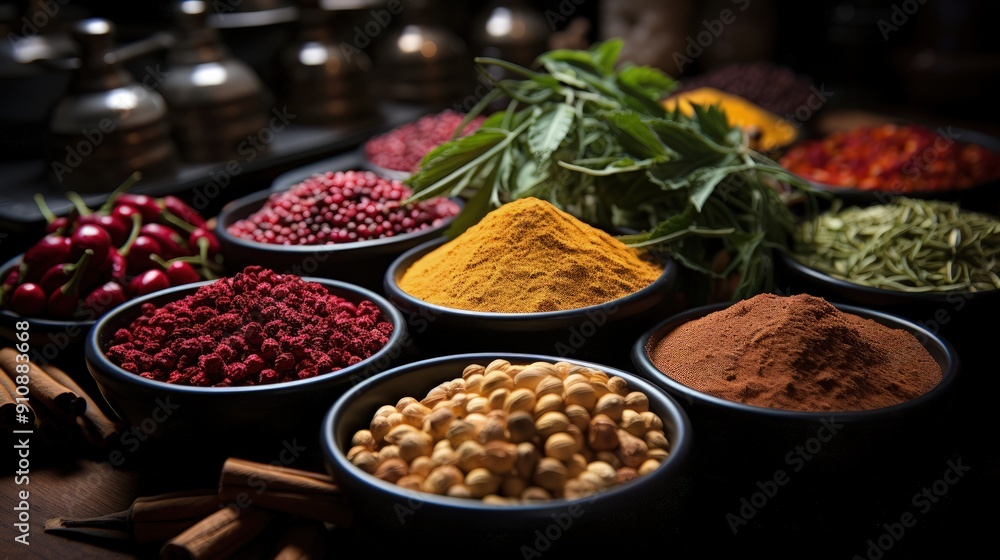 Aerial View of a Vibrant Assortment of Spices in Photojournalism Aerial View of a Vibrant Assortment of Spices in Photojournalism