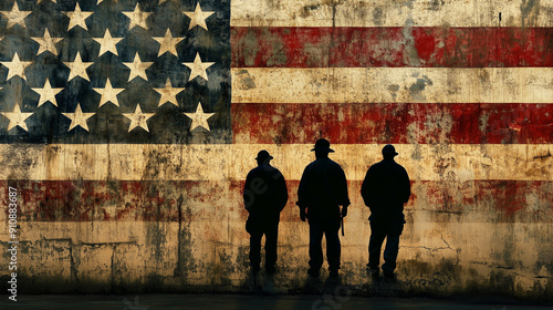 Patriotic American Labor Force: Workers Standing at Right with USA Flag in Background