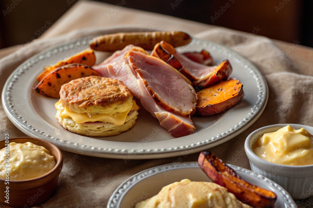 Thanksgiving Breakfast with Buttermilk Biscuits, Honey-Glazed Ham, and Roasted Sweet Potatoes Thanksgiving Breakfast with Buttermilk Biscuits, Honey-Glazed Ham, and Roasted Sweet Potatoes