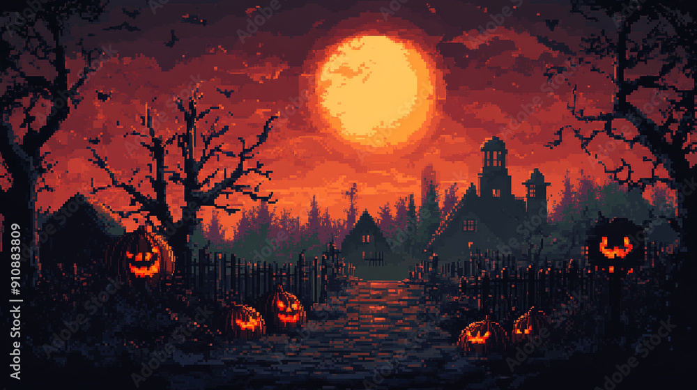illustration of 8 bit pixel halloween background illustration of 8 bit pixel halloween background
