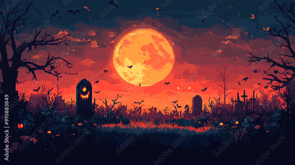 illustration of 8 bit pixel halloween background illustration of 8 bit pixel halloween background