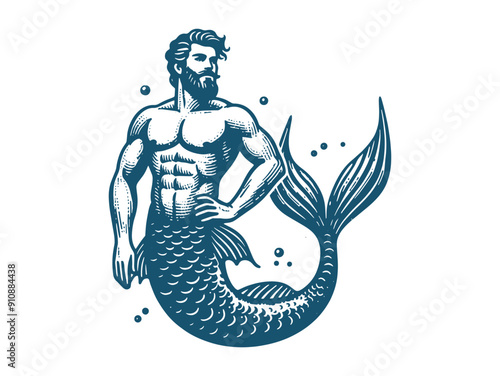 Mythical male mermaid. Vintage engraving vector illustration. Print, sketch, isolated object, cut out