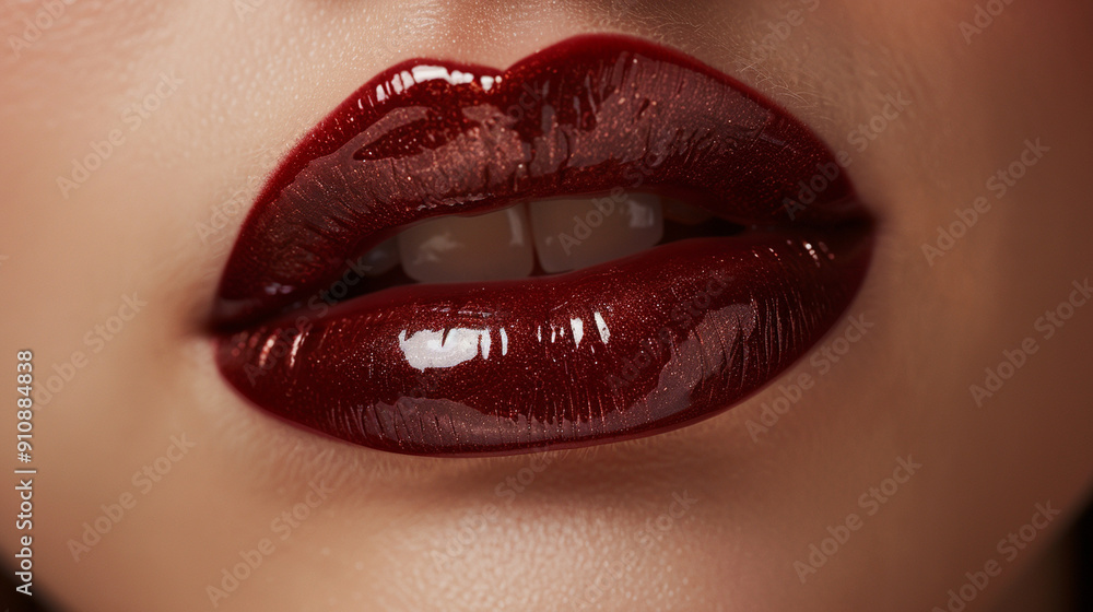 Close-up of a girl's lips with a hint of gloss over a rich lipstick, capturing the shine and detailed texture Close-up of a girl's lips with a hint of gloss over a rich lipstick, capturing the shine and detailed texture