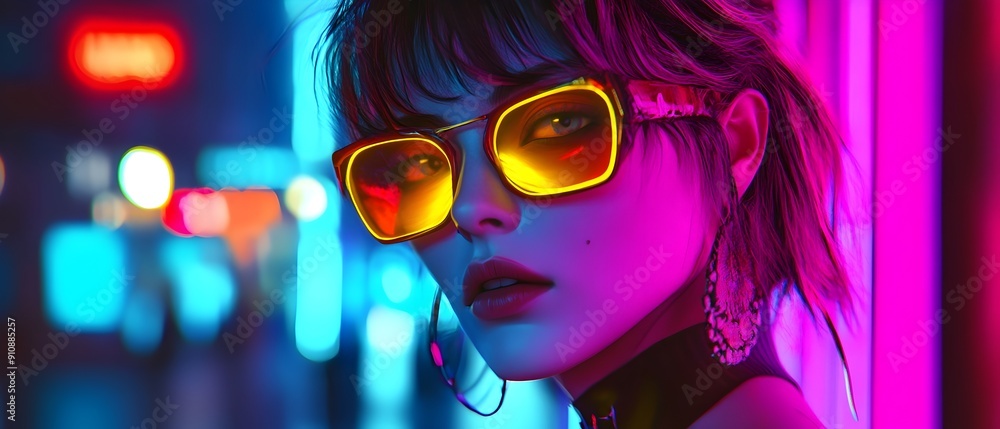Retro digital art with neon accents showcasing a captivating female portrait in a vibrant futuristic aesthetic The image combines elements of vaporwave high contrast Retro digital art with neon accents showcasing a captivating female portrait in a vibrant futuristic aesthetic The image combines elements of vaporwave high contrast