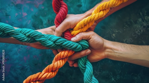 Teamwork, Strength, and Collaboration: Hands Holding Colorful Ropes Together