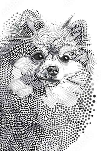 Sketch photo with monochrome dots of a cute Pomeranian dog's face on a white background, pointillism art. Generative AI photo