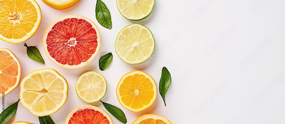 A variety of sliced citrus fruits and leaves arranged on a white table from an overhead perspective offering a clear space for text around the image. Creative banner. Copyspace image A variety of sliced citrus fruits and leaves arranged on a white table from an overhead perspective offering a clear space for text around the image. Creative banner. Copyspace image