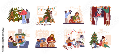 People preparing to celebrate winter holiday set. Family wrapping Xmas gifts, couple decorates home, Christmas tree together for New Year. Flat isolated vector illustrations on white background