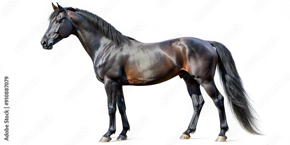 A majestic black horse standing against a white background, highlighting its muscular build and shiny coat. Perfect for equestrian and animal-themed content A majestic black horse standing against a white background, highlighting its muscular build and shiny coat. Perfect for equestrian and animal-themed content