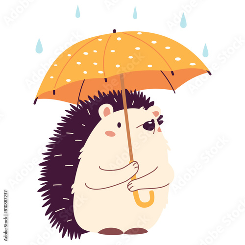 Flat vector illustration in children's style. Cute hedgehog standing in the rain under an umbrella. Vector illustration