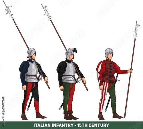 Italian Late Medieval or Renaissance Infantrymen with Various Weapons including Polearms and Swords, Illustration Isolated on White Background, EPS 10 Vector