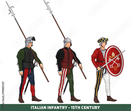 Italian Late Medieval or Renaissance Infantrymen with Various Weapons including Polearms and Swords, Illustration Isolated on White Background, EPS 10 Vector
