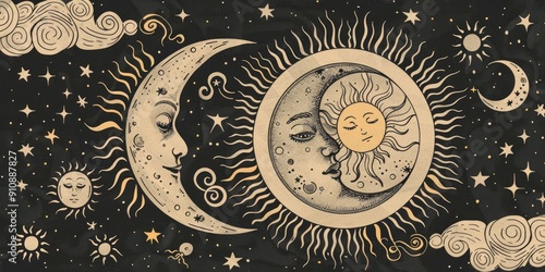 Mystical Sun and Moon Vintage Illustration photo