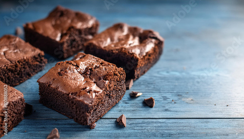 homemade chocolate brownies on dark blue wooden background; selective focus, place for text