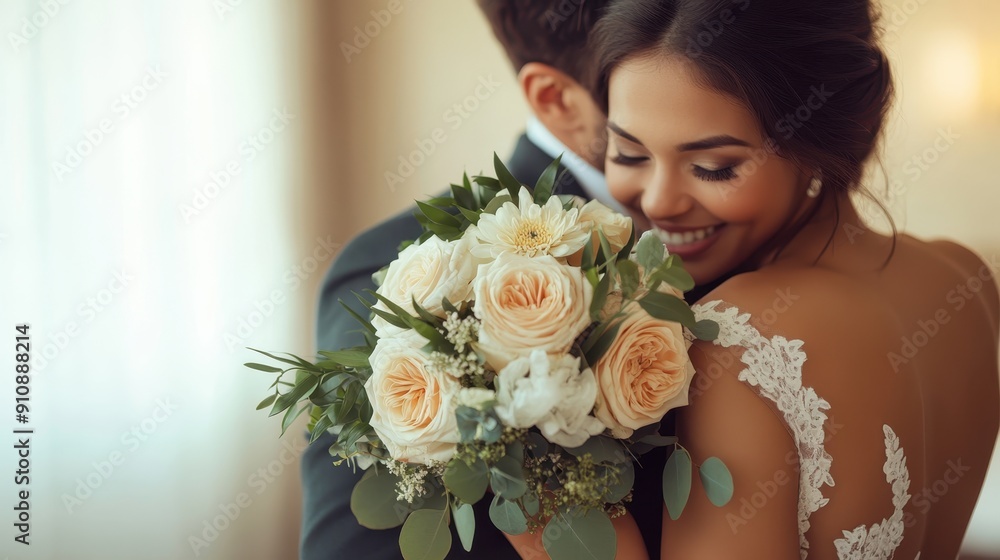 Naklejka premium Close up the groom hugs the bride, Young Brunette bride in a white dress with a bouquet,wedding couple bride and groom sweet time, the groom hugs the bride.