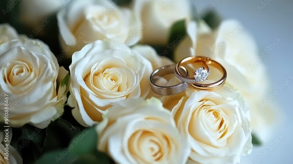 Wedding rings on the wedding bouquet of white roses,capturing the elegance and significance of a couple's love and commitment, Wedding concept. Wedding rings on the wedding bouquet of white roses,capturing the elegance and significance of a couple's love and commitment, Wedding concept.