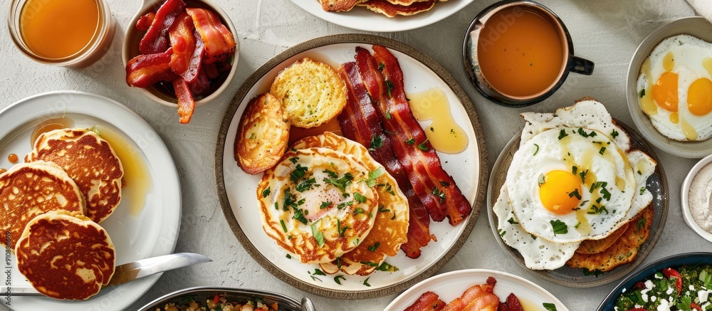 Top view of a wholesome American breakfast spread with eggs bacon pancakes and latkes with copy space image Top view of a wholesome American breakfast spread with eggs bacon pancakes and latkes with copy space image
