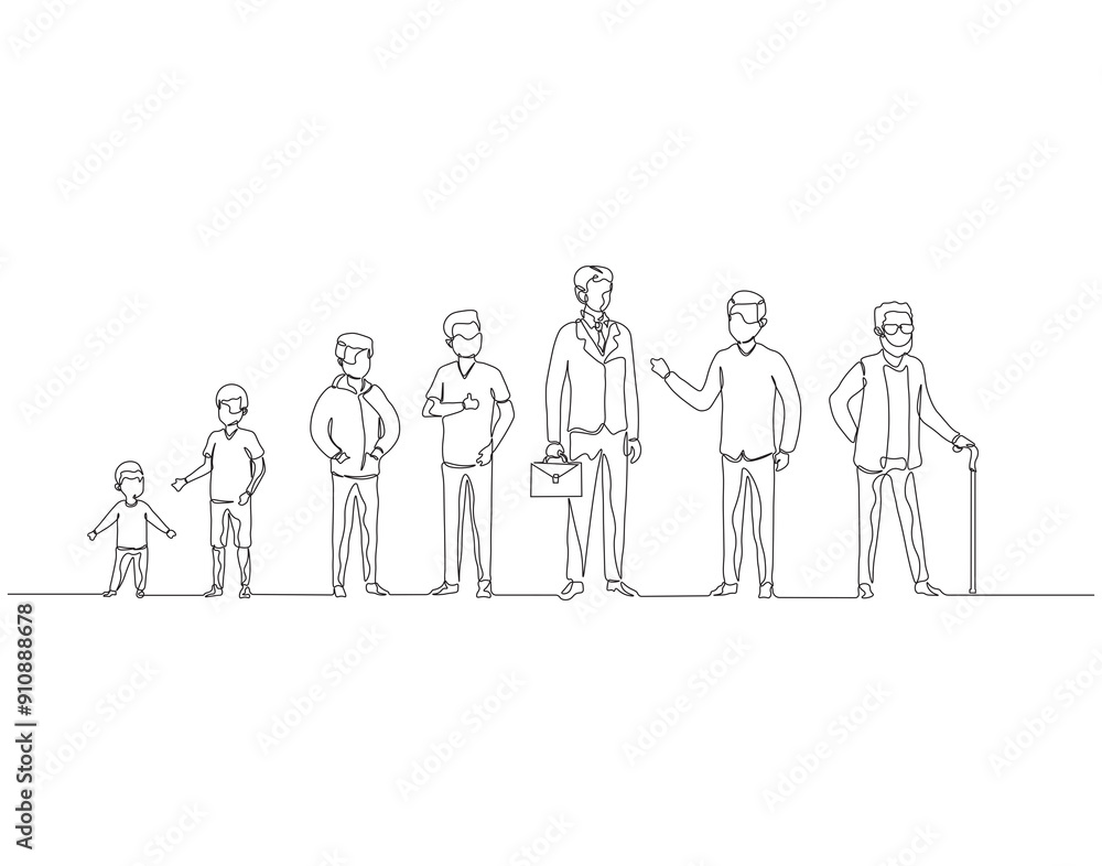 Continuous one line drawing of step of growing up man. One line drawing illustration of human life cycle. Aging Process, Growth, Toddler, concept line art. Editable outline Continuous one line drawing of step of growing up man. One line drawing illustration of human life cycle. Aging Process, Growth, Toddler, concept line art. Editable outline