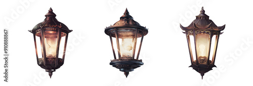 Set of Mystical Lantern with Glowing Light and Intricate Design Isolated on Transaparent Background photo