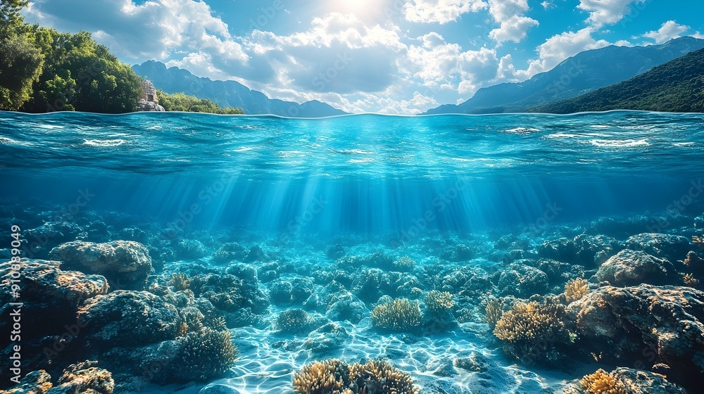 Idyllic Underwater Seascape with Sunlit Surface and Vibrant Coral Reef Idyllic Underwater Seascape with Sunlit Surface and Vibrant Coral Reef