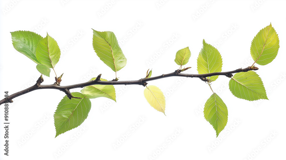 Vibrant Green Branch with Leaves Isolated on White Background Vibrant Green Branch with Leaves Isolated on White Background