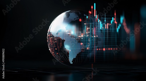 A globe with financial graphs wrapped around it, overlaid with the shadow of political turmoil, illustrates the global impact of political instability on investment returns. The image is designed