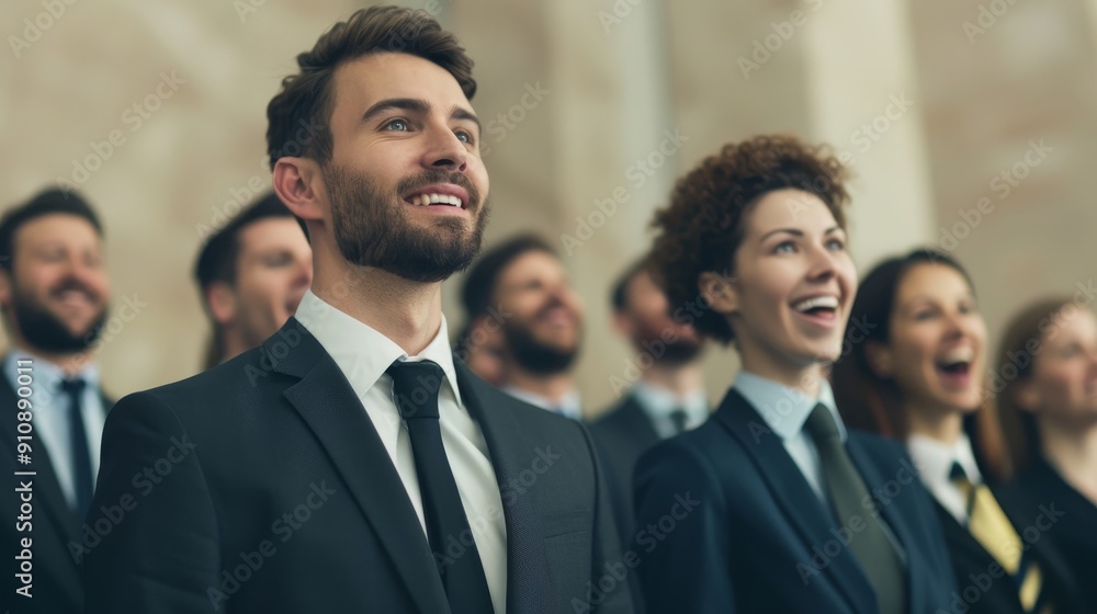 diverse group of happy business professionals looking up in unity and optimism at a corporate event or conference. diverse group of happy business professionals looking up in unity and optimism at a corporate event or conference.