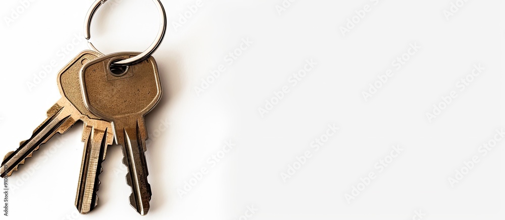 House keys with a keychain shaped like a house on a white background providing copy space image House keys with a keychain shaped like a house on a white background providing copy space image