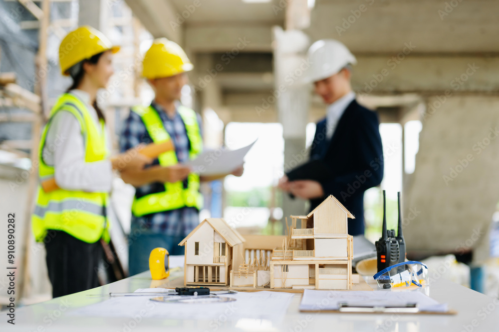 Engineer desk with object paper and tablet with blurry engineer teamwork hardworking to consults about their building Engineer desk with object paper and tablet with blurry engineer teamwork hardworking to consults about their building