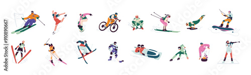 Different winter sports set. People ride on ski, snowboard. Professional athletes go bobsleigh, biathlon, skating. Sportsmen go curling, ice hockey, slalom. Flat isolated vector illustrations on white