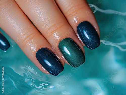 Ocean-themed ombre nails with blue and turquoise gradients, hands touching water, beach-inspired manicure.