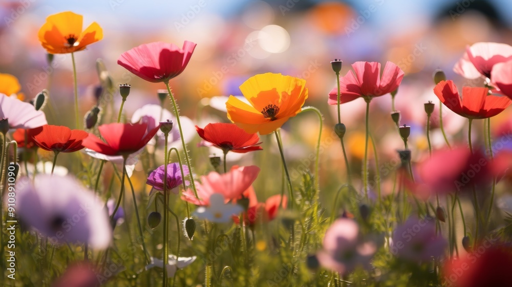 Fototapeta premium Colorful wildflower field closeup view