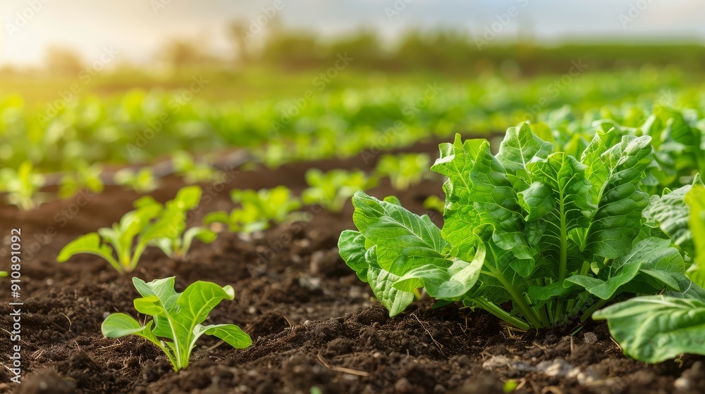 lush green spinach plants growing in a field with sunlight and soil in the foreground. lush green spinach plants growing in a field with sunlight and soil in the foreground.