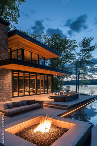modern lakeside home floating terrace with firepit