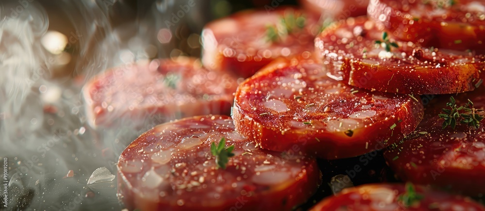 A motion blurred photo of traditional dry cured sausage slices flavored with thyme onion and garlic with ample copy space image A motion blurred photo of traditional dry cured sausage slices flavored with thyme onion and garlic with ample copy space image