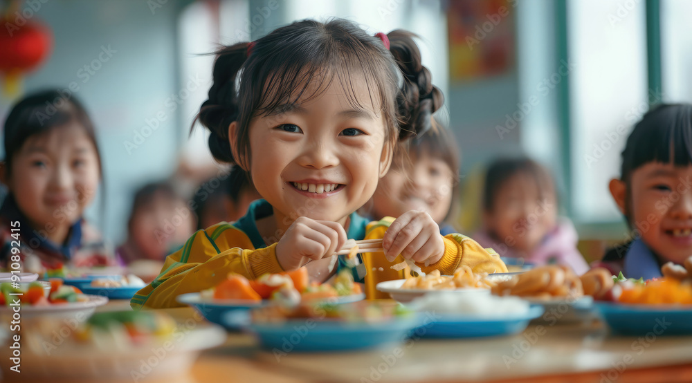 Fototapeta premium Chinese primary school students eating at school. The children have smiles on their faces. Generative AI.