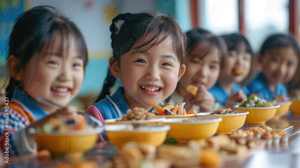 Chinese primary school students eating at school. The children have smiles on their faces. Generative AI. Chinese primary school students eating at school. The children have smiles on their faces. Generative AI.
