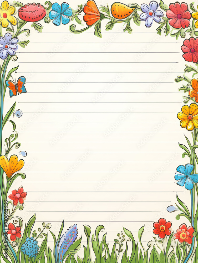 Obraz premium Floral border with lined paper background.