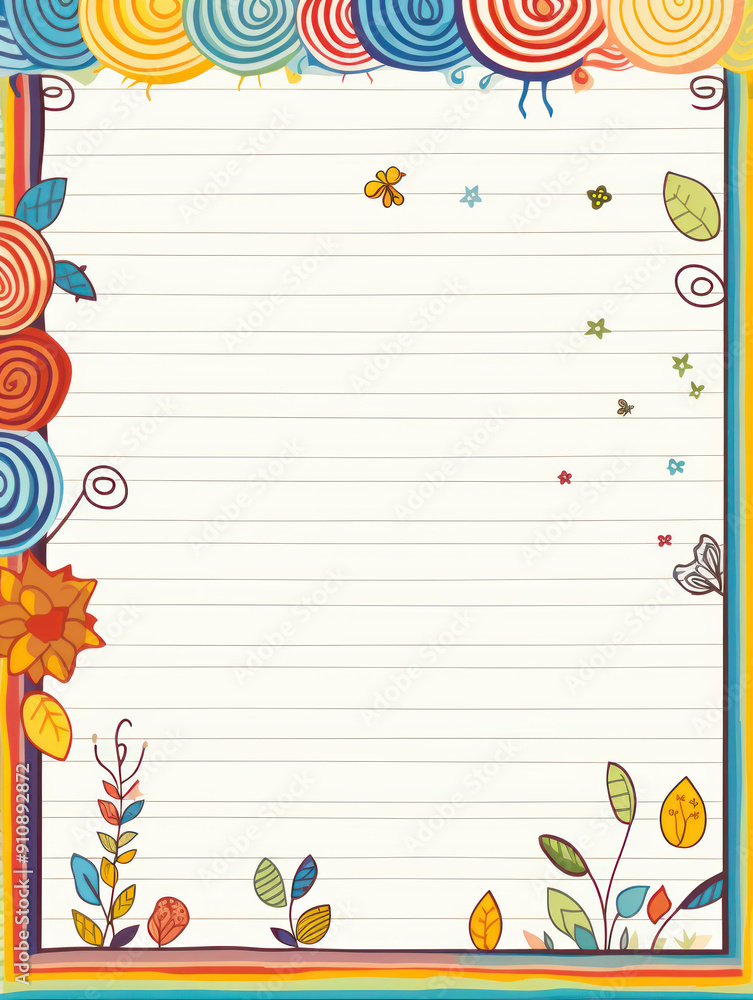 Obraz premium White lined paper background with colorful flowers and leaves border.