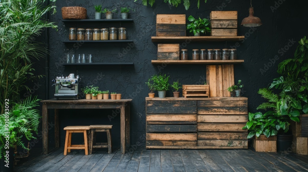A stylish home workspace with wooden furniture, greenery, and organized shelves, offering a cozy and inviting atmosphere. A stylish home workspace with wooden furniture, greenery, and organized shelves, offering a cozy and inviting atmosphere.
