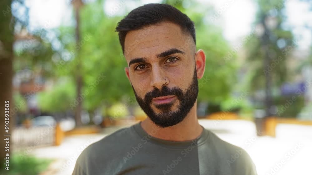 Handsome young hispanic man with a beard standing outdoors in an urban park setting looking contemplative Handsome young hispanic man with a beard standing outdoors in an urban park setting looking contemplative