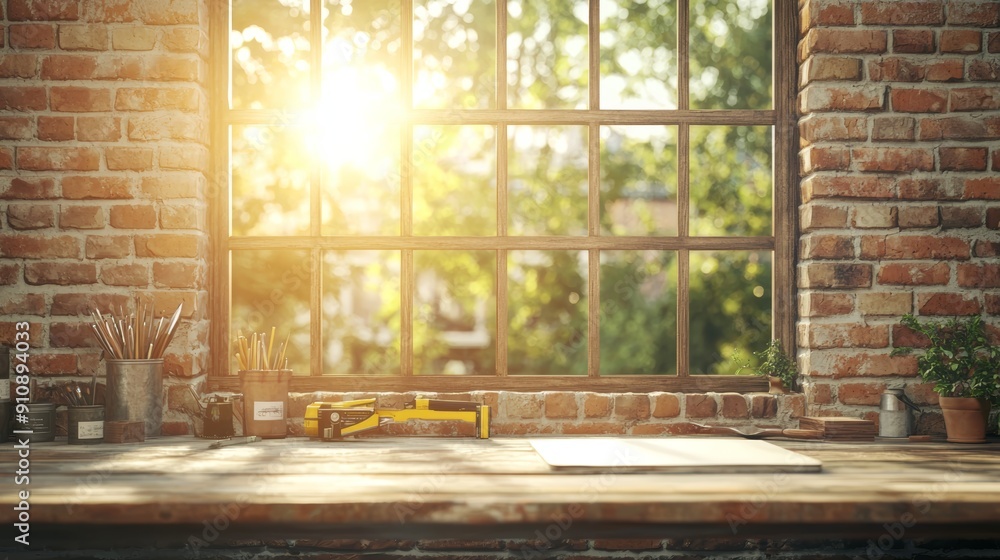A sunlit workspace with a wooden desk, plants, and artistic tools, creating a warm and inviting atmosphere for creativity. A sunlit workspace with a wooden desk, plants, and artistic tools, creating a warm and inviting atmosphere for creativity.
