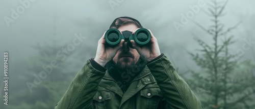 man in a green jacket using binoculars to look out into a foggy forest, exploration, discovery, adventure, nature, hiking, camping, observation