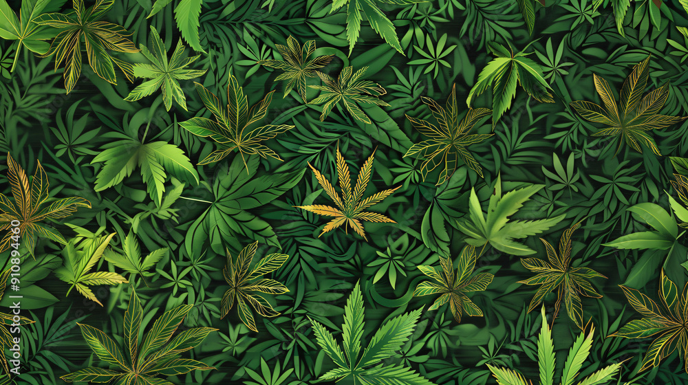 Repeating pattern of gold and green marijuana leaves Repeating pattern of gold and green marijuana leaves