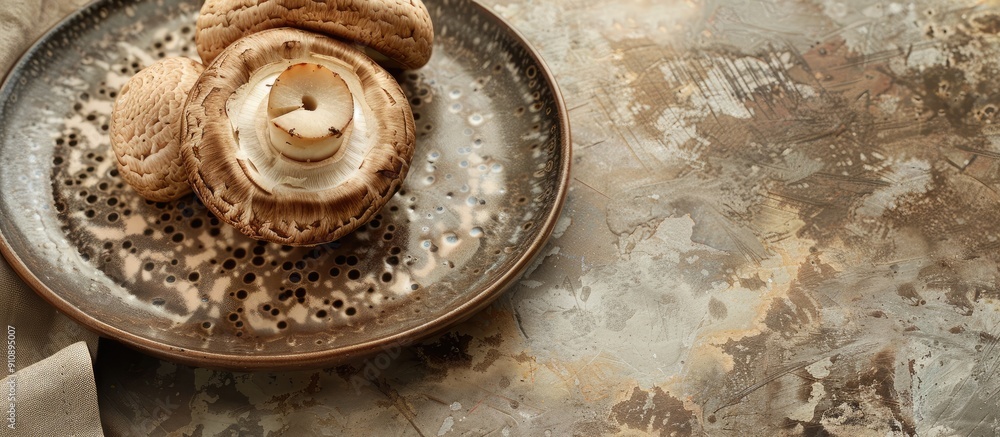 A rustic top view image of a champignon slice on a plate set on a table with a copy space food background showcases a delightful mushroom snack or meal A rustic top view image of a champignon slice on a plate set on a table with a copy space food background showcases a delightful mushroom snack or meal
