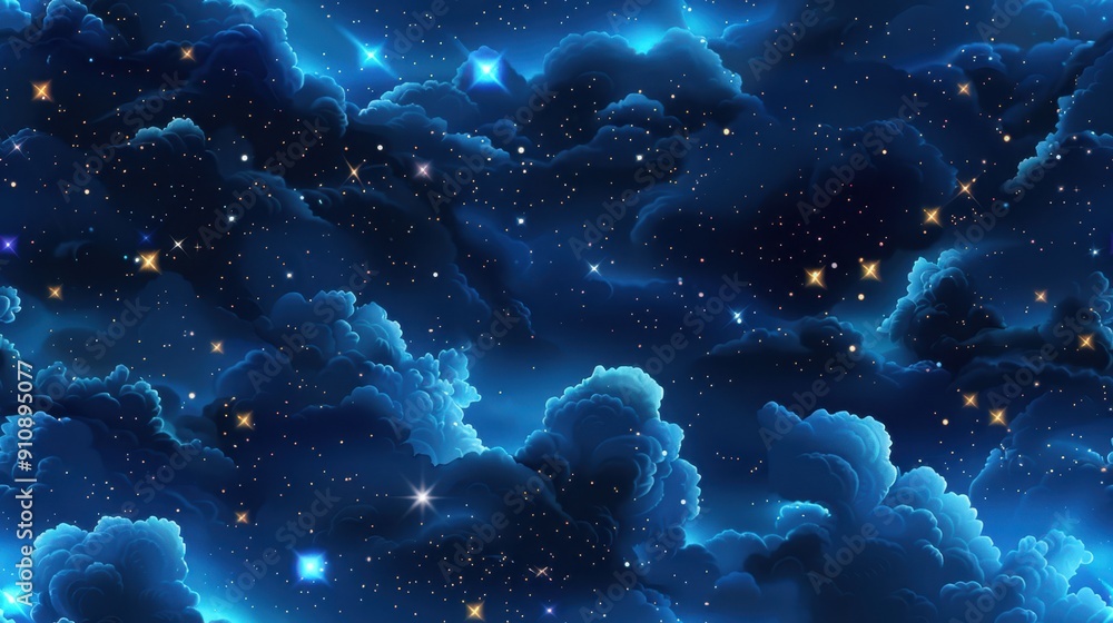 Vibrant blue cosmic space seamless pattern scene with glowing stars and nebulas. Perfect for astronomy, science fiction, and fantasy themes. Vibrant blue cosmic space seamless pattern scene with glowing stars and nebulas. Perfect for astronomy, science fiction, and fantasy themes.