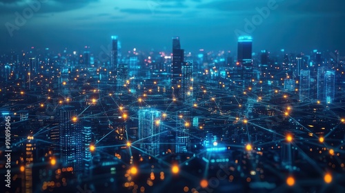 A stunning cityscape at dusk, showcasing illuminated buildings and a network of lights, symbolizing urban connectivity.