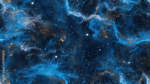 Vibrant blue cosmic space seamless pattern scene with glowing stars and nebulas. Perfect for astronomy, science fiction, and fantasy themes.